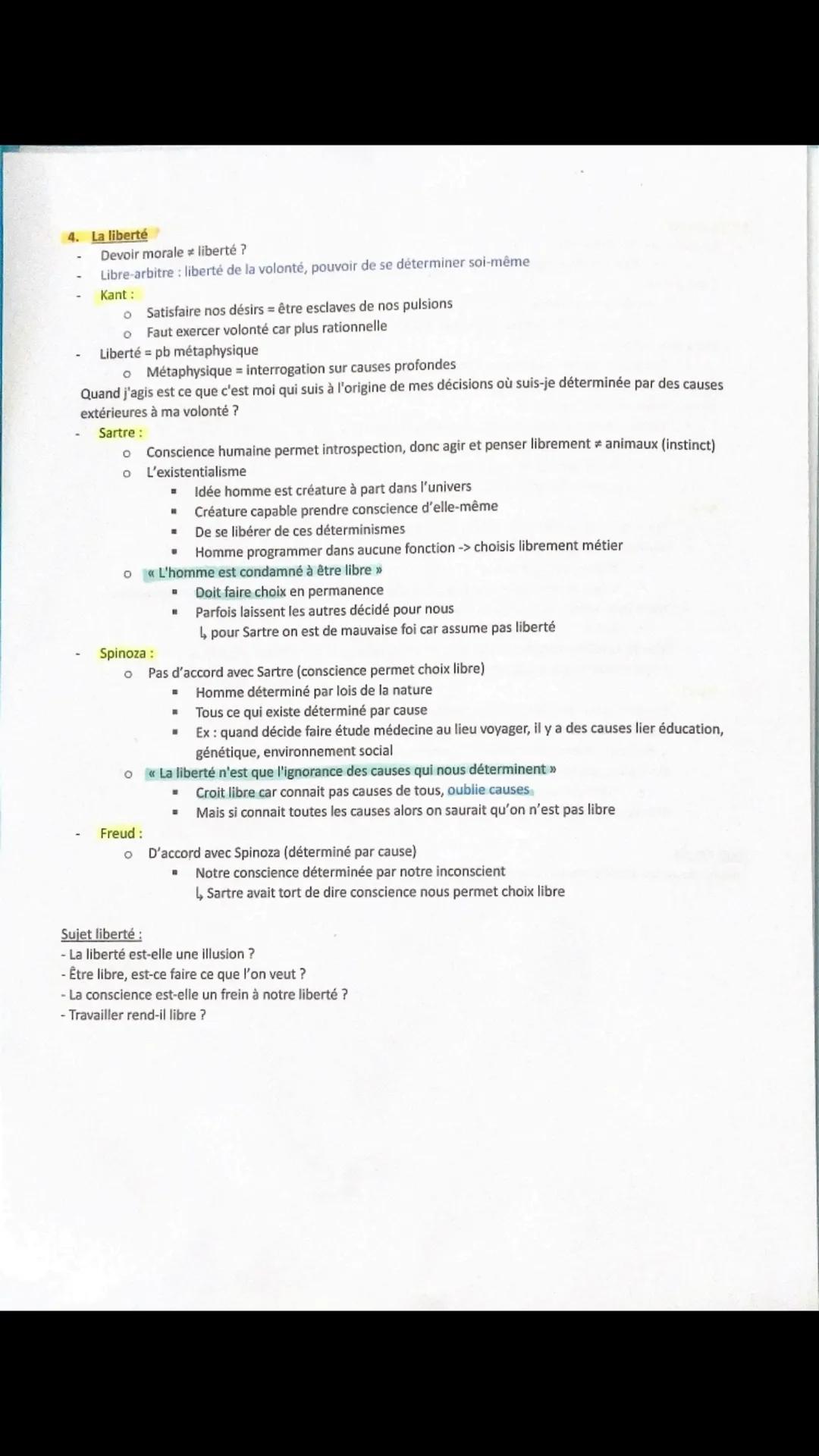 4. La liberté
- Devoir morale liberté ?
- Libre-arbitre: liberté de la volonté, pouvoir de se déterminer soi-même
- Kant:
  - Satisfaire nos