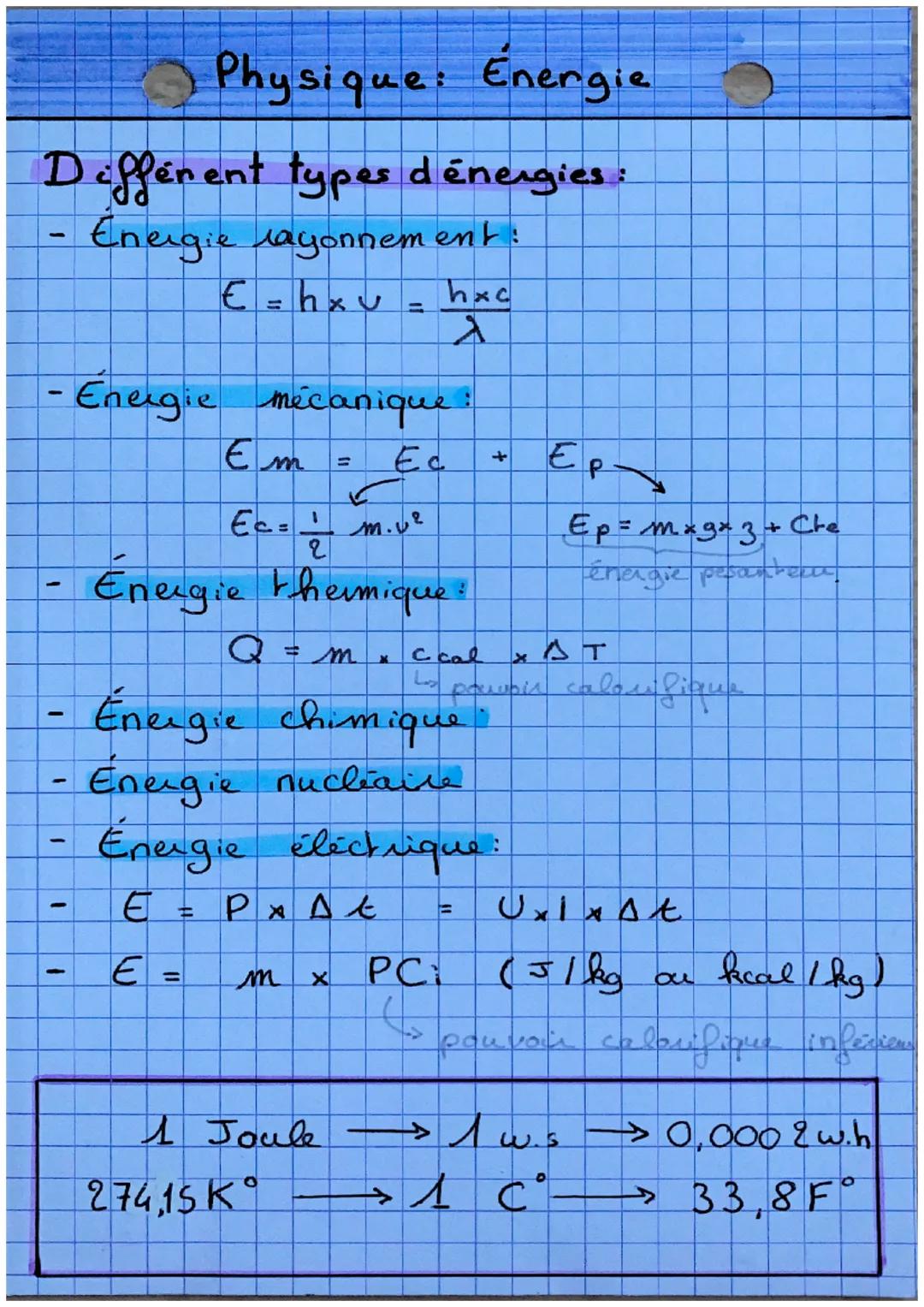 Physique: Energie
Different types d'énergies :
Energie rayonnement:
1
-
-Energie mécanique
Ec
I
1
1
€=hxv
E
Em
Ec=
=
1
m.u²
2
Energie thermi