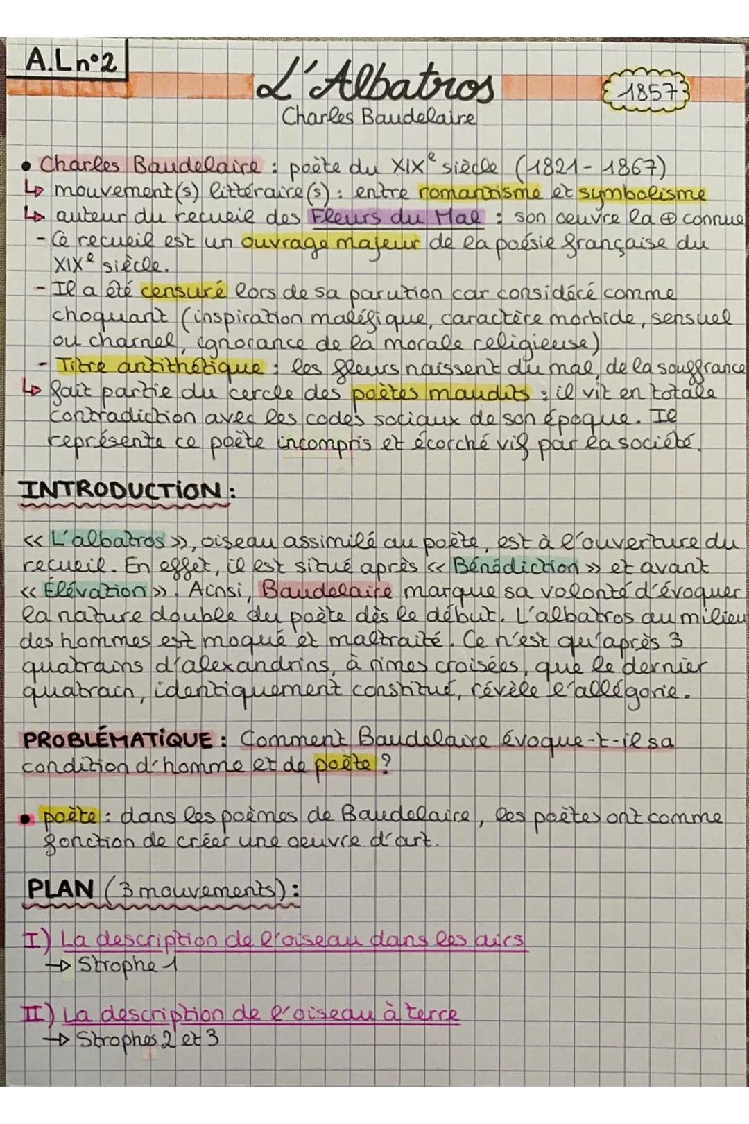 # A.Ln°2

# L'Albatros
Charles Baudelaire

18573

• Charles Baudelaire: poète du XIXe siècle (1821-1867)

Lo mouvement(s) littéraire (s): en