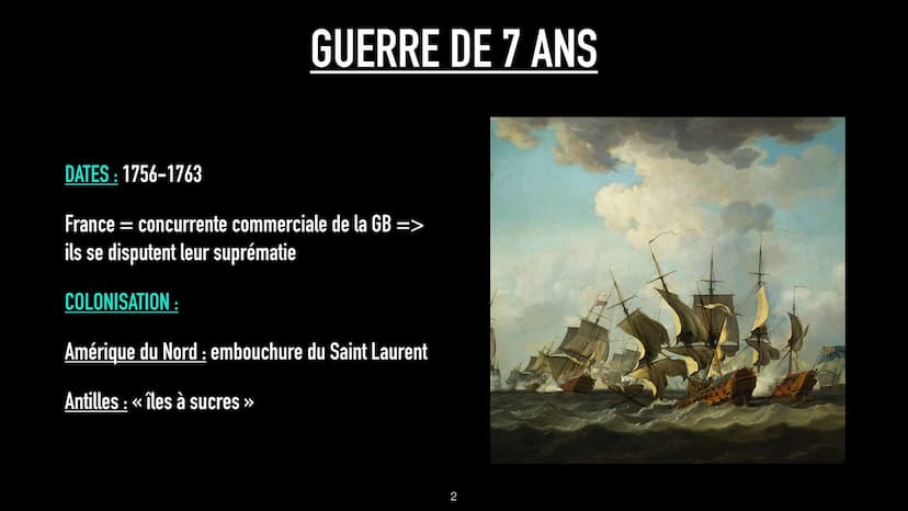 AXE 1- THÈME 2
JALON 1
1 GUERRE DE 7 ANS
DATES: 1756-1763
France = concurrente commerciale de la GB =>
ils se disputent leur suprématie
COLO