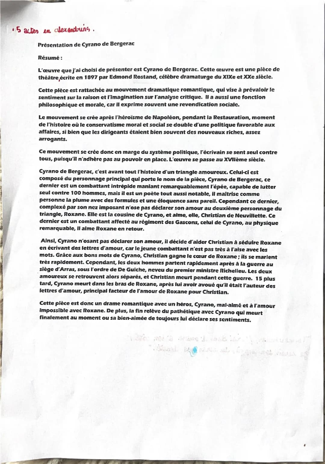 5 actes en alexandrins.
Présentation de Cyrano de Bergerac
Résumé:
L'œuvre que j'ai choisi de présenter est Cyrano de Bergerac. Cette œuvre 
