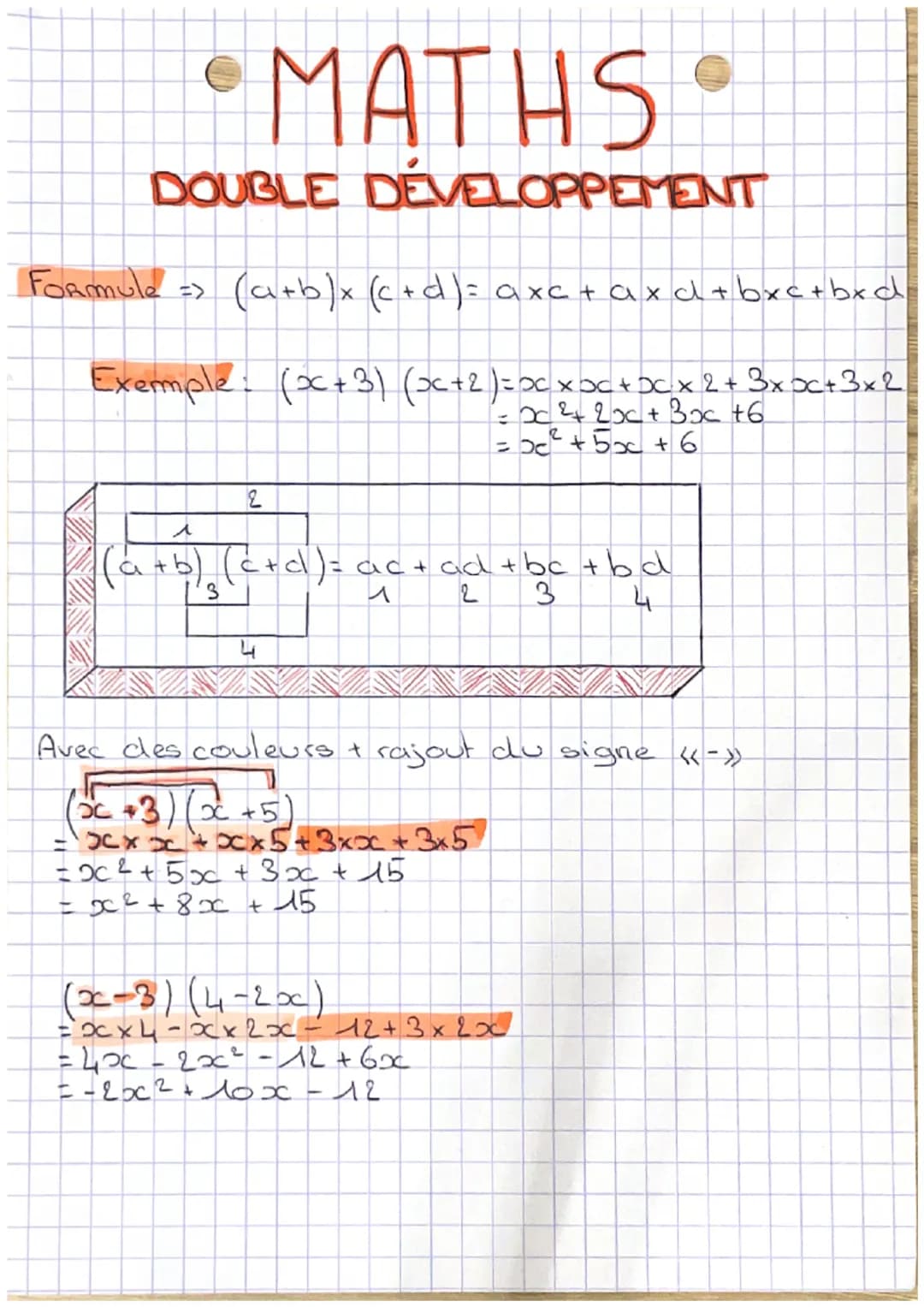 MATHS
DOUBLE DEVELOPPETENT
Formule => (a+b)x (c+d) = axc + axd+bxc+bxd
Exemple: (x+3) (x+2) = xx>C+DC_x2 + 3xx+3x2
= 0℃ ²+ 2x + 3x +6
x+5x+6