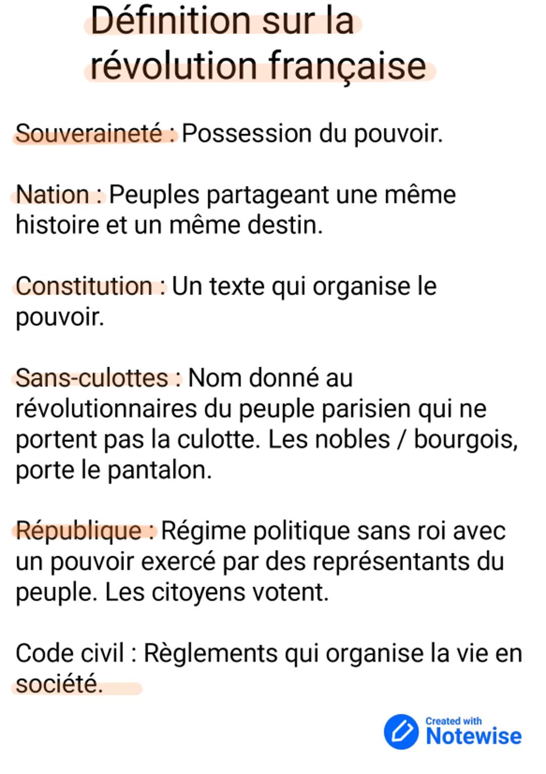 Définition sur la
révolution française
Souveraineté : Possession du pouvoir.
Nation : Peuples partageant une même
histoire et un même destin