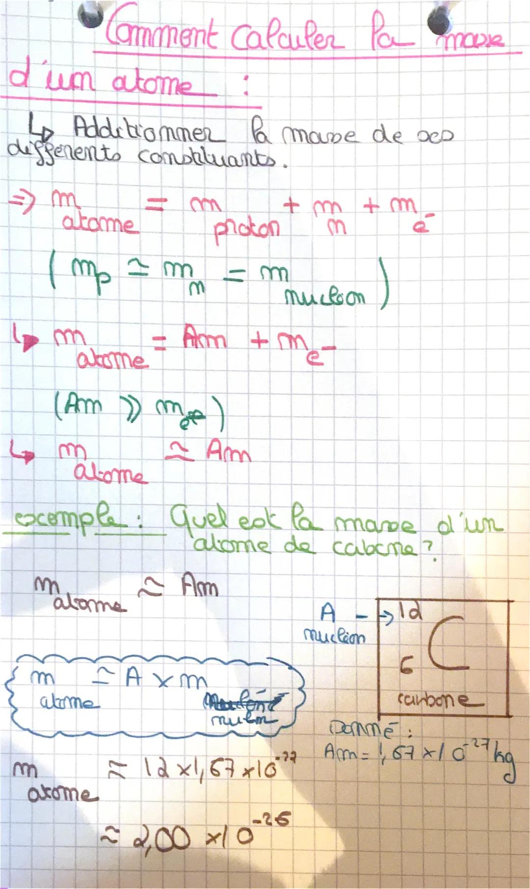 Comment Calculer Par more
d'um atome:
↳ Additiommer la mase de ses
differents constituants.
=> m
atame = m + m + m
 proton me
(mp ≈ mm = muc
