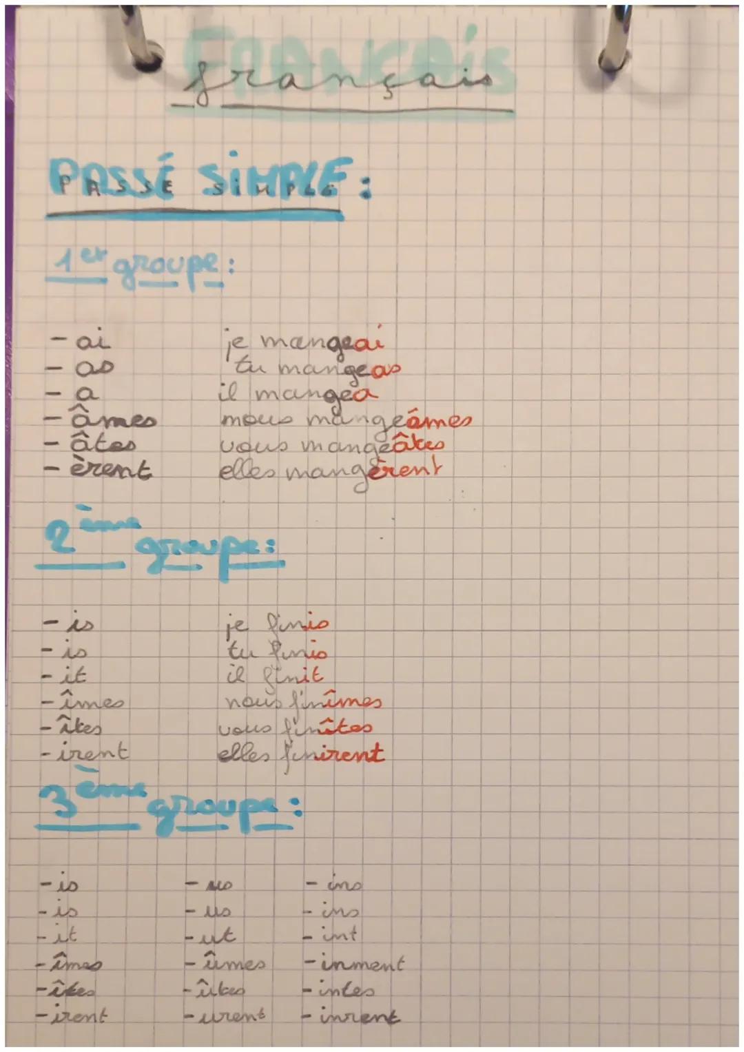français

PASSÉ SIMPLE:

1er groupe:
- ai je mangeai
- ao tu mangeas
- a il manged
- âmes mous mangeames
- âtes vous mangeâtes
- èrent elles