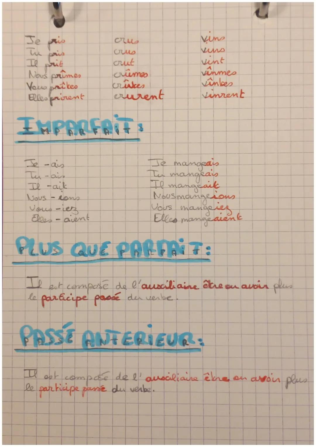 français

PASSÉ SIMPLE:

1er groupe:
- ai je mangeai
- ao tu mangeas
- a il manged
- âmes mous mangeames
- âtes vous mangeâtes
- èrent elles