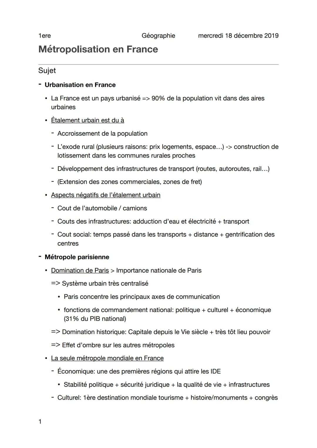 1ere
Métropolisation en France
Sujet
1
Géographie
- Urbanisation en France
• La France est un pays urbanisé => 90% de la population vit dans