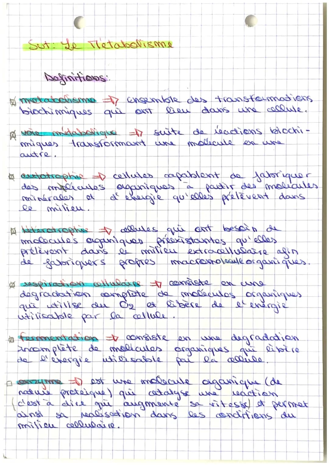 C
Sut: Le Tetabolisme
Definitions:
A motabolisime =17 ensemble des transformations
biochimiques qui ont
lien dans who cachute.
A vele andabo
