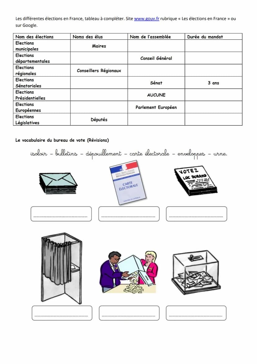 --- OCR Start ---
EMC 3º Fiche de travail 3 partie 3: Le vote, les pouvoirs du président et les institutions Françaises
Nom:
Le vote
Prénom: