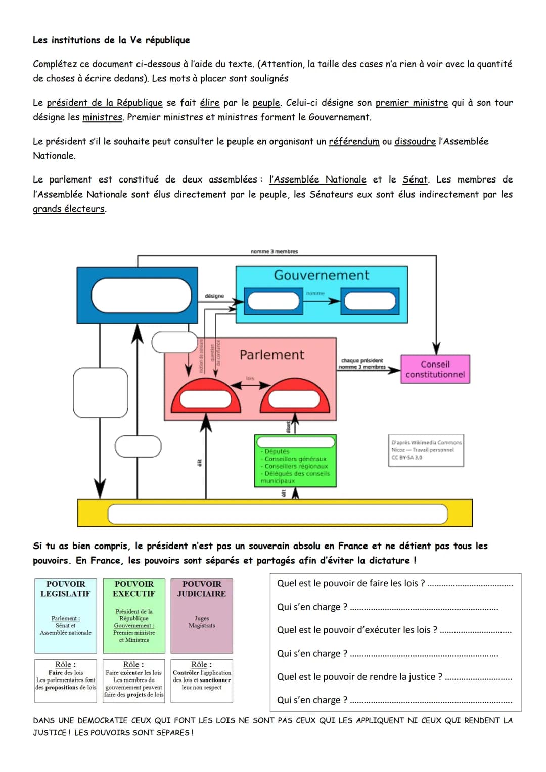 --- OCR Start ---
EMC 3º Fiche de travail 3 partie 3: Le vote, les pouvoirs du président et les institutions Françaises
Nom:
Le vote
Prénom: