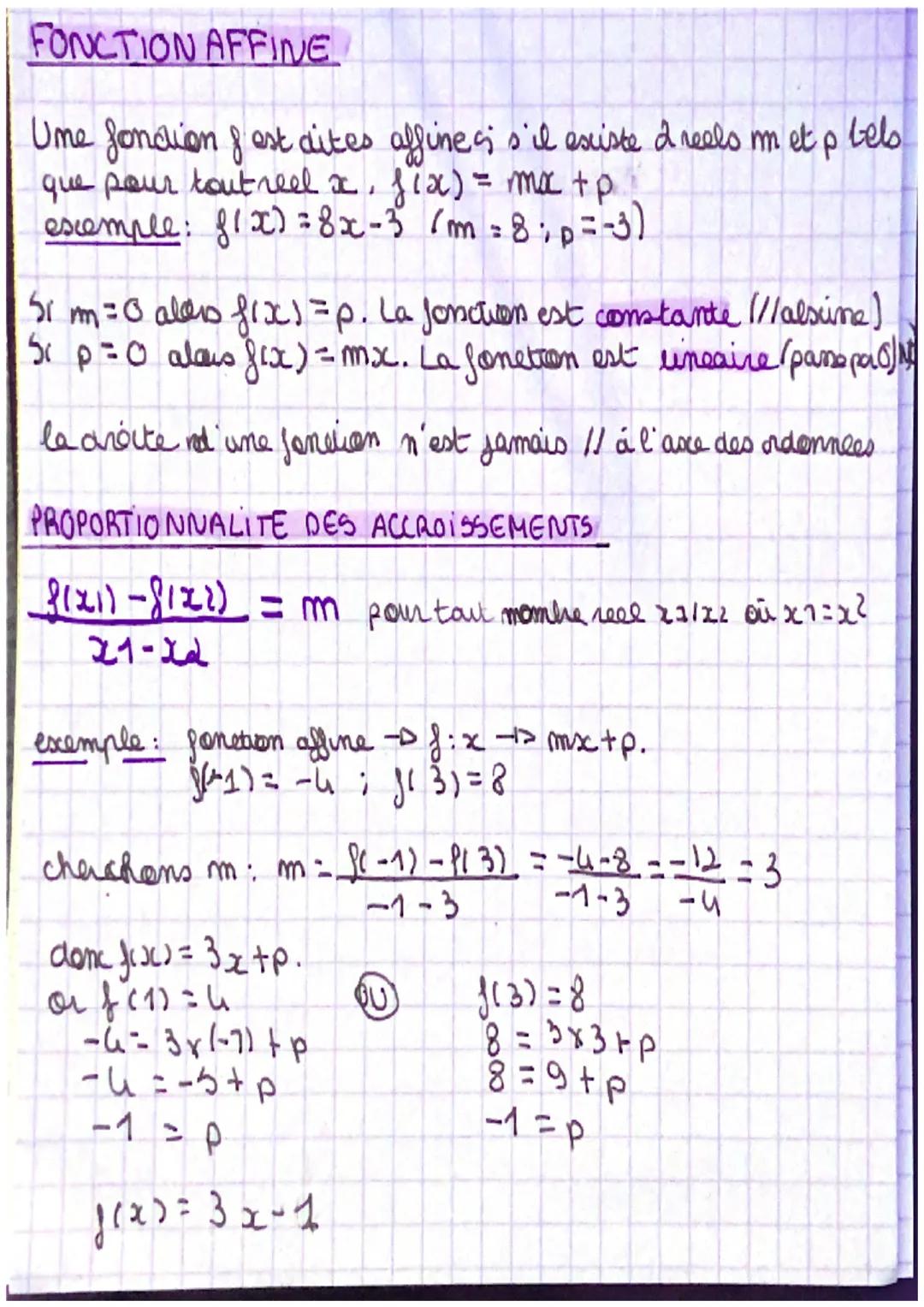 FONCTION AFFINE
Ume fondion fost dites affines; s'il existe I reels m et p tels
que pour tout reel x, fix) = mx +p
exemple: f1x) = 8x-3 (m=8