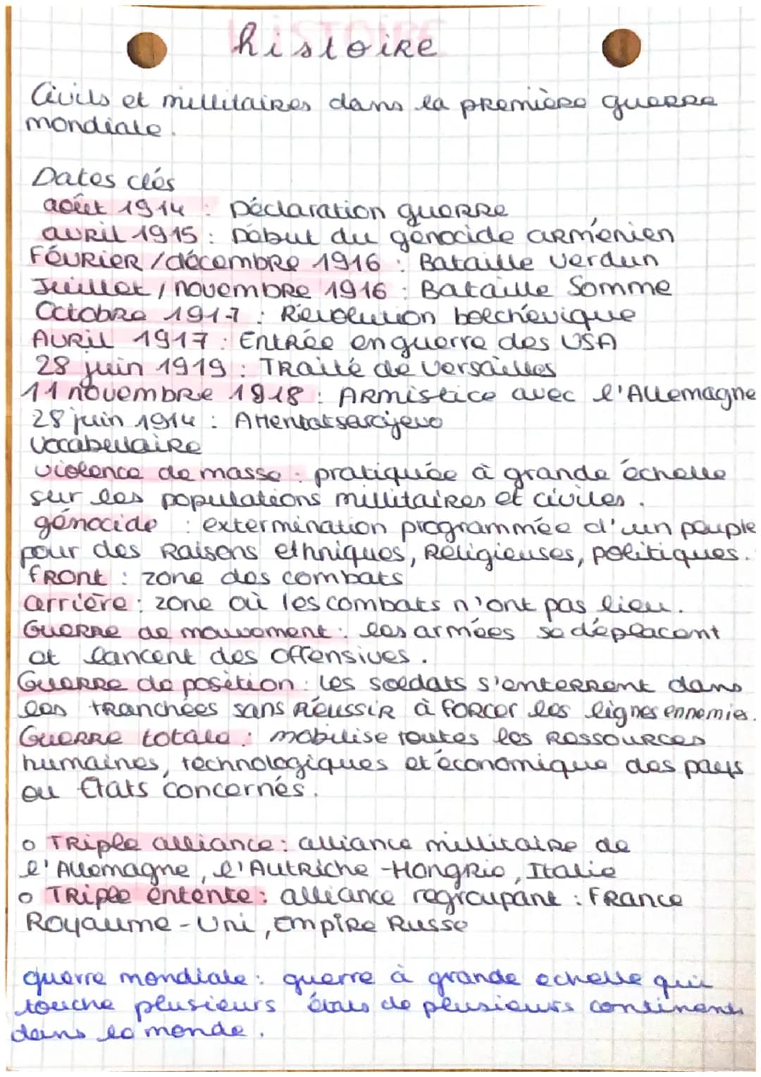 histoire
Civils et millitaires dans la première guerre.
mondiale.
Dates clés
acéet 1914
Déclaration queRRe
avril 1915 : nobut du genocide ar