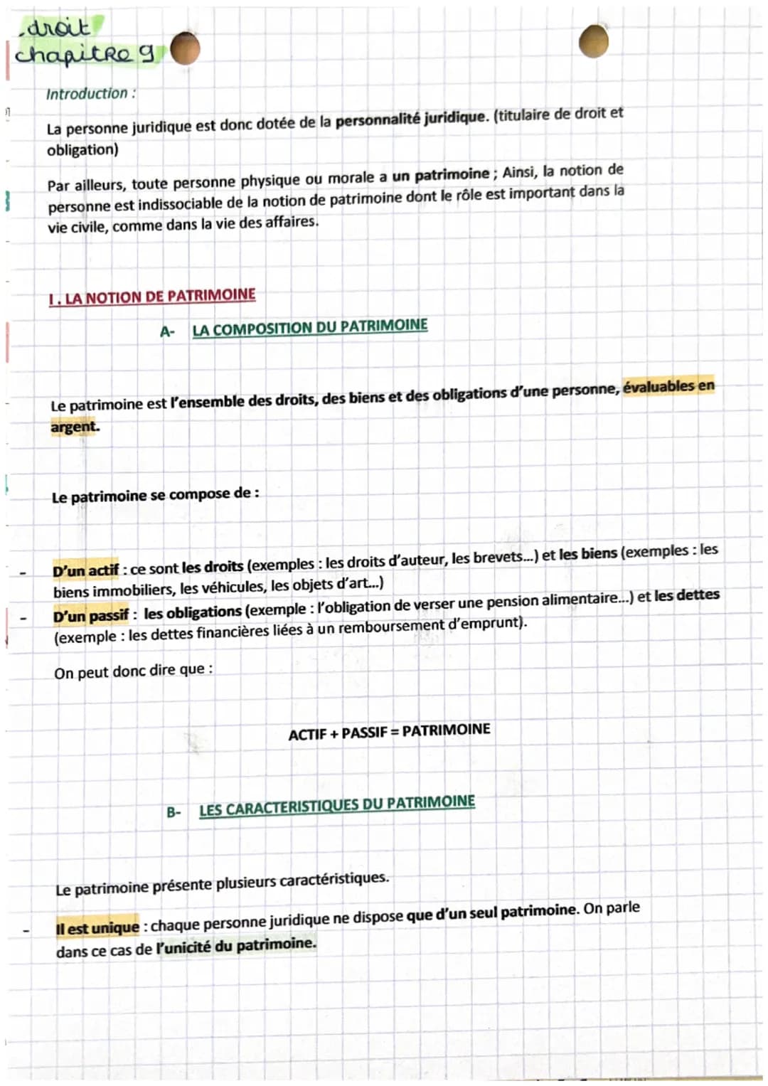 1
droit
chapitre 9
Introduction :
La personne juridique est donc dotée de la personnalité juridique. (titulaire de droit et
obligation)
1
Pa