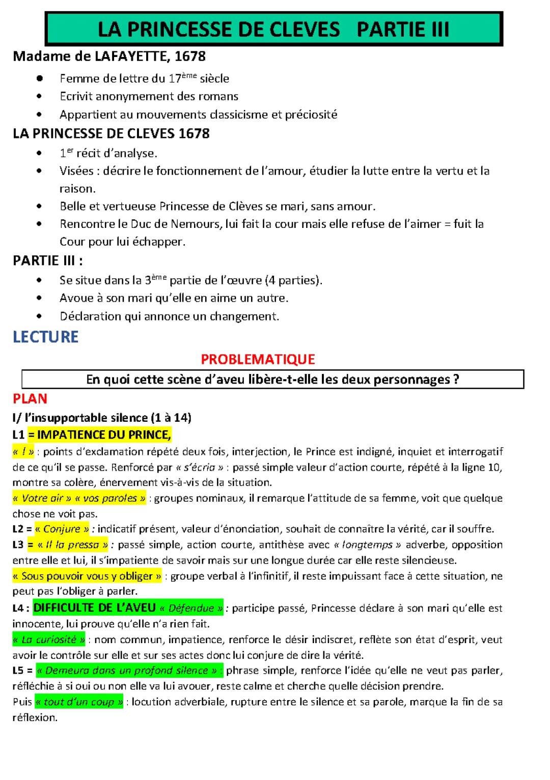 Analyse Linéaire La Princesse de Clèves Partie III - Scène du Bal et L'aveu de la Princesse