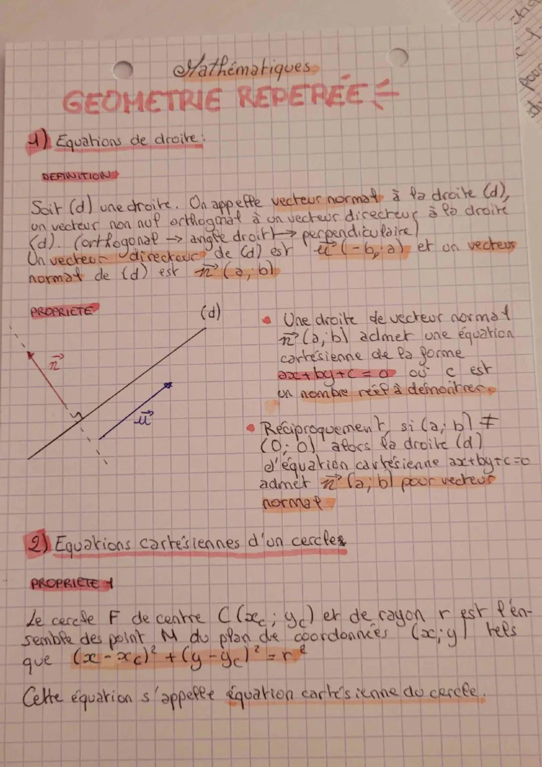 # Mathématiques
GEOMETRIE REPERÉE
1) Equations de droite.
DEFINITION
Soit (d) une droite. On Ona appefte vecteur normat à la droite (d),
un 