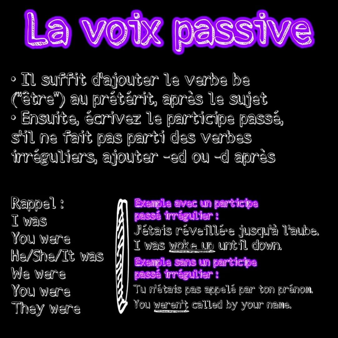 La voix
Passive & Active La voix passive
O
Il suffit d'ajouter le verbe be
("être") au prétérit, après le sujet
• Ensuite, écrivez le partic