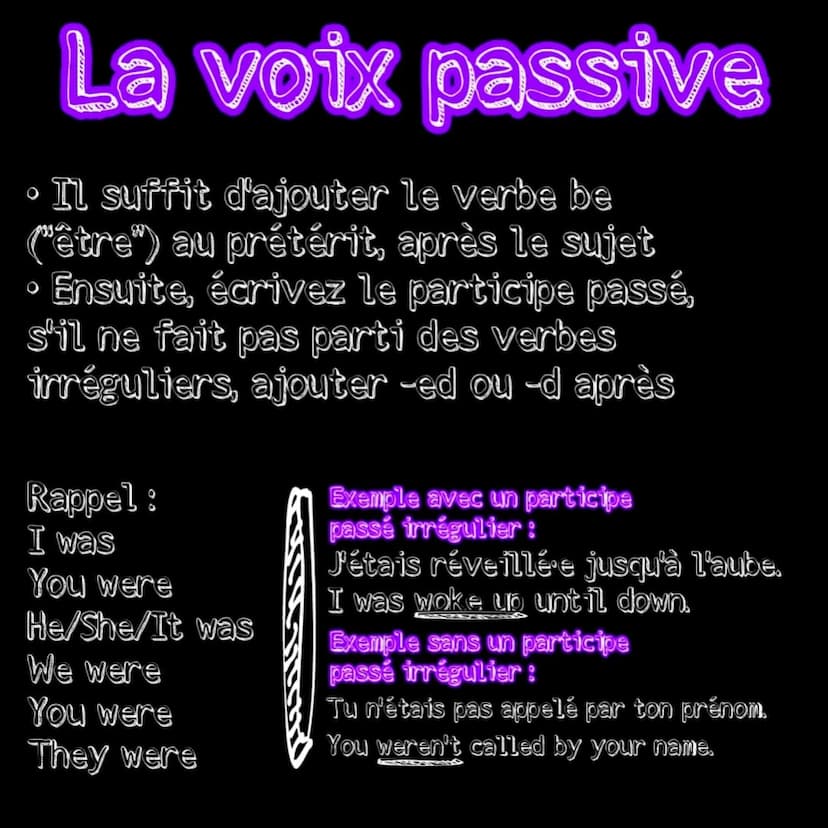 La voix
Passive & Active La voix passive
O
Il suffit d'ajouter le verbe be
("être") au prétérit, après le sujet
• Ensuite, écrivez le partic