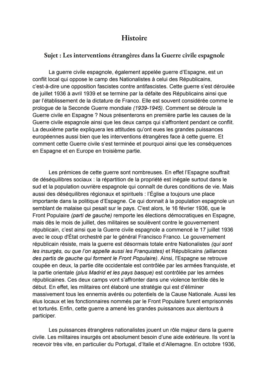 Histoire
Sujet : Les interventions étrangères dans la Guerre civile espagnole
La guerre civile espagnole, également appelée guerre d'Espagne