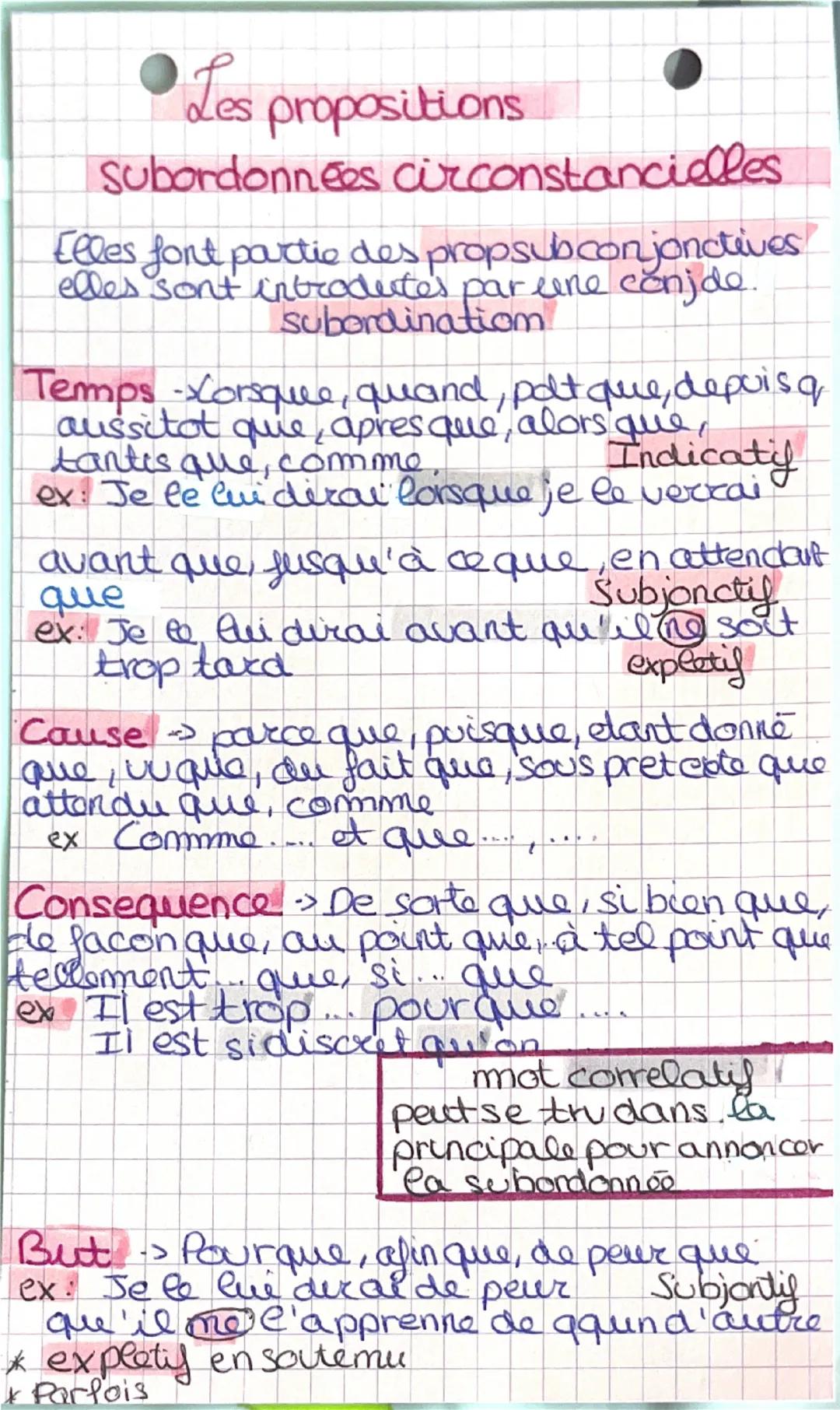 Les propositions
Subordonnées circonstancielles
Elles font partie des propsubconjonctives
elles sont introdestes par une conjde.
subordinati