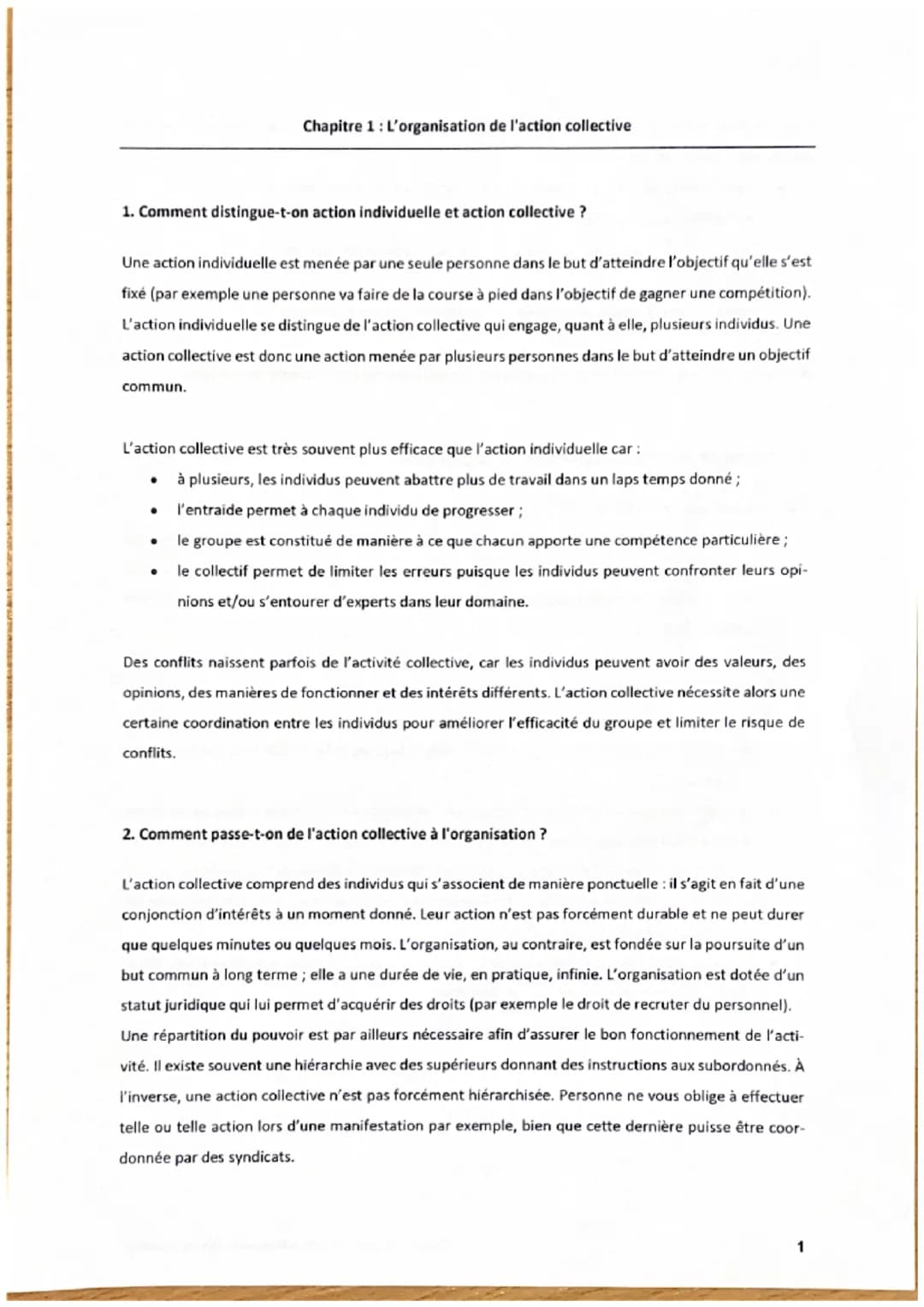 1. Comment distingue-t-on action individuelle et action collective ?
Chapitre 1 : L'organisation de l'action collective
Une action individue