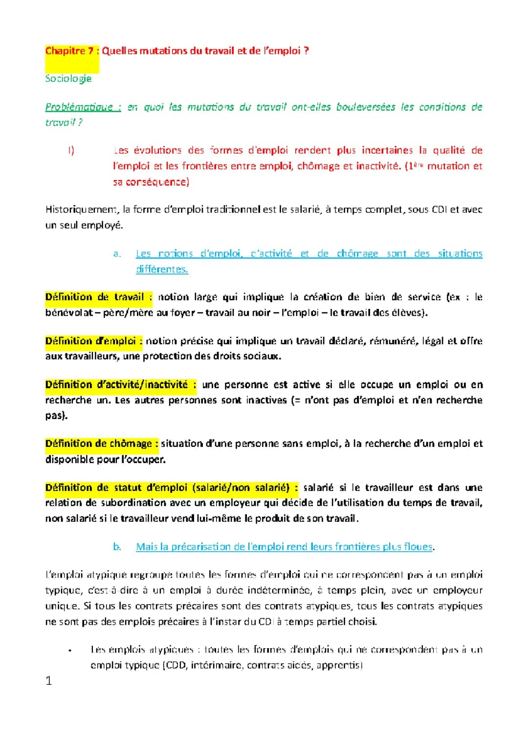 Les Mutations du Travail et de l'Emploi : Fiche de Révision et Exemples