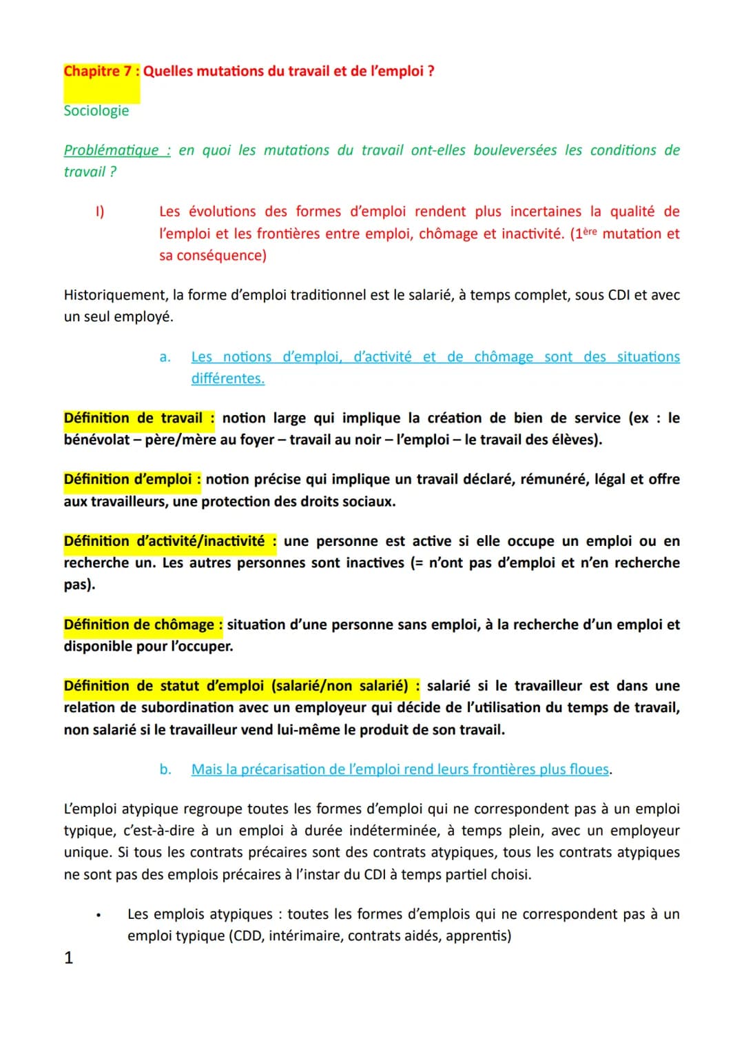 Chapitre 7 : Quelles mutations du travail et de l'emploi ?
Sociologie
Problématique en quoi les mutations du travail ont-elles bouleversées 