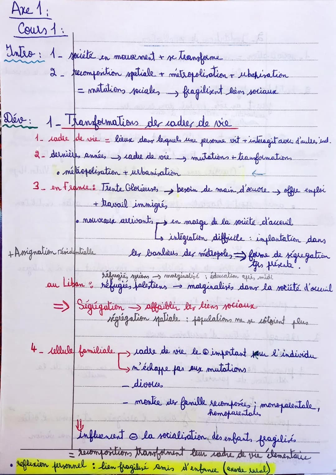 Axe 1:
Cours 1:
Intro: 1- société en mouvement + se transforme
2_ recomposition spatiale + métropolivation + ubchisation
= mutations sociale
