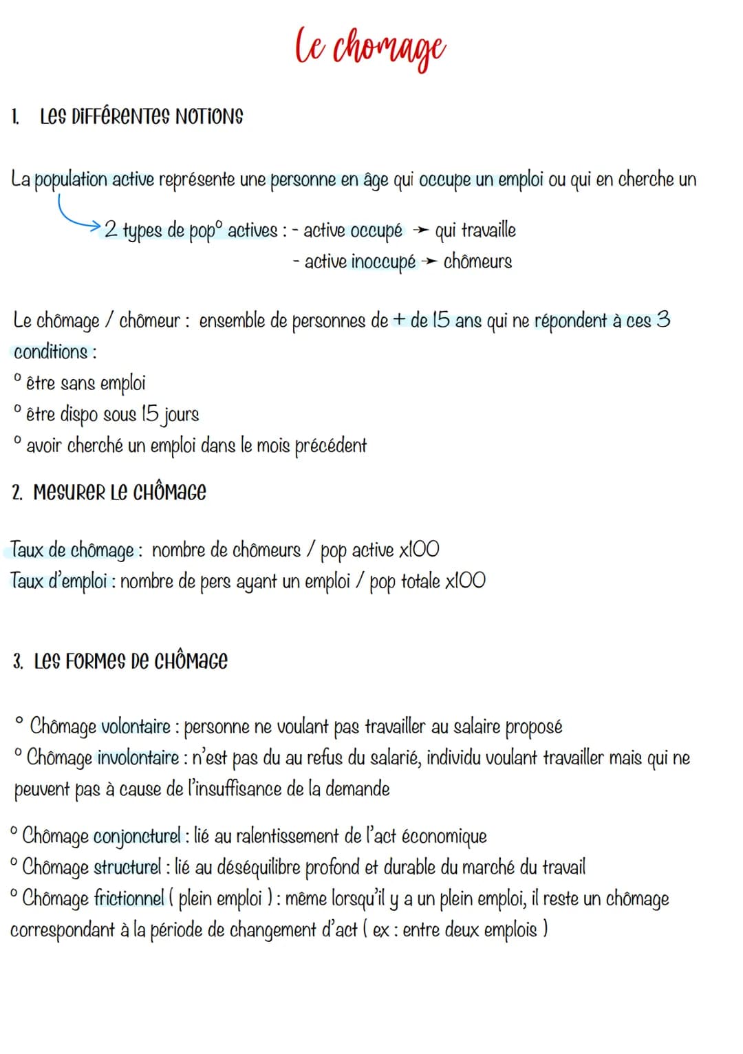 1. Les DIFFÉRENTES NOTIONS
La population active représente une personne en âge qui occupe un emploi ou qui en cherche un
2 types de popº act