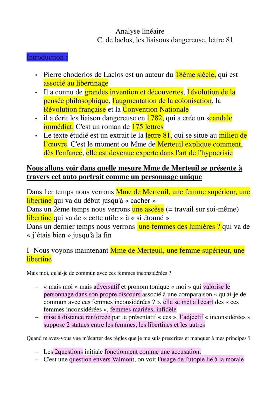 analyse linéaire C.de Laclos, les liaisons dangereuse, lettre 81