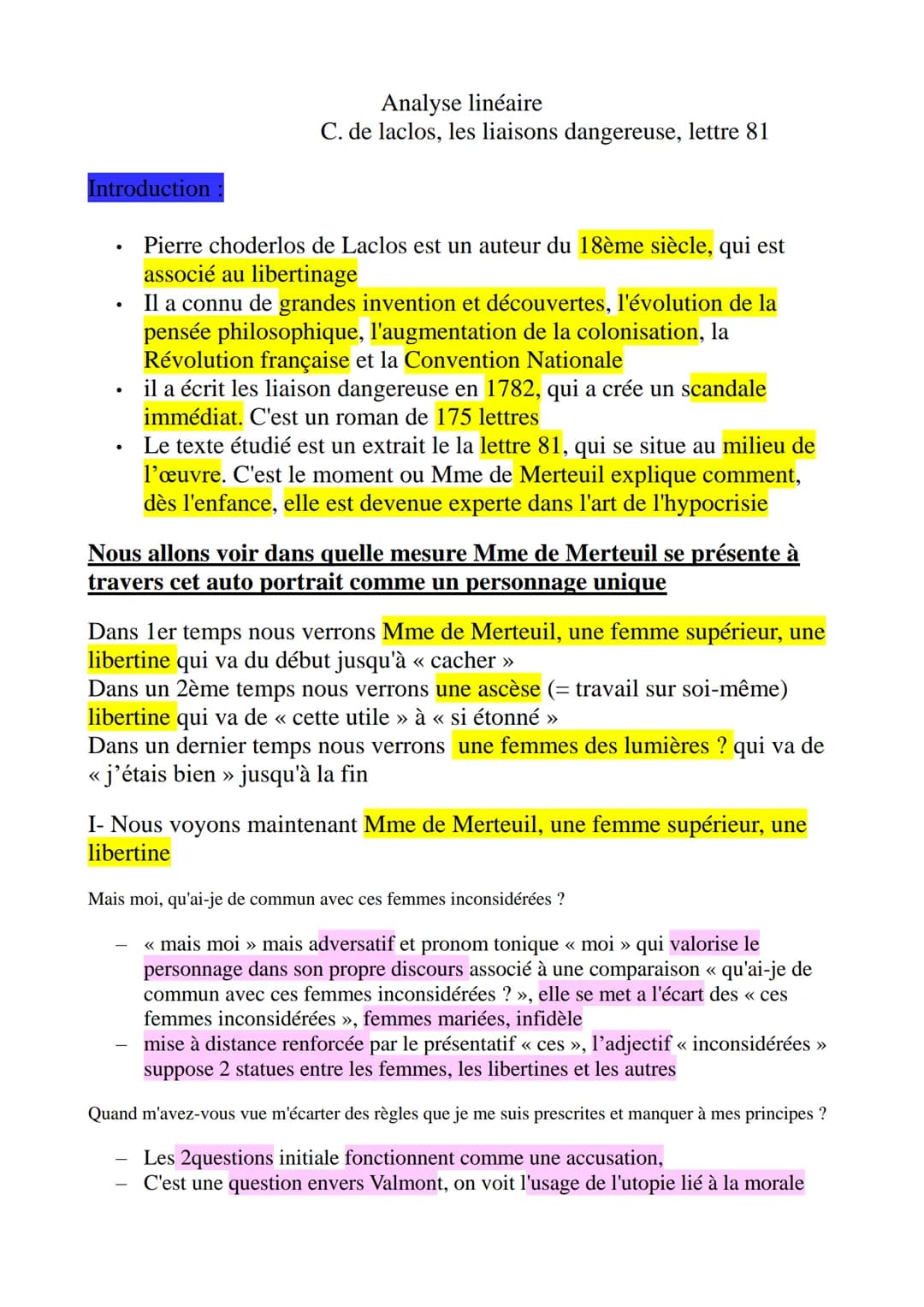 Analyse linéaire
C. de laclos, les liaisons dangereuse, lettre 81
Introduction
•
.
Pierre choderlos de Laclos est un auteur du 18ème siècle,