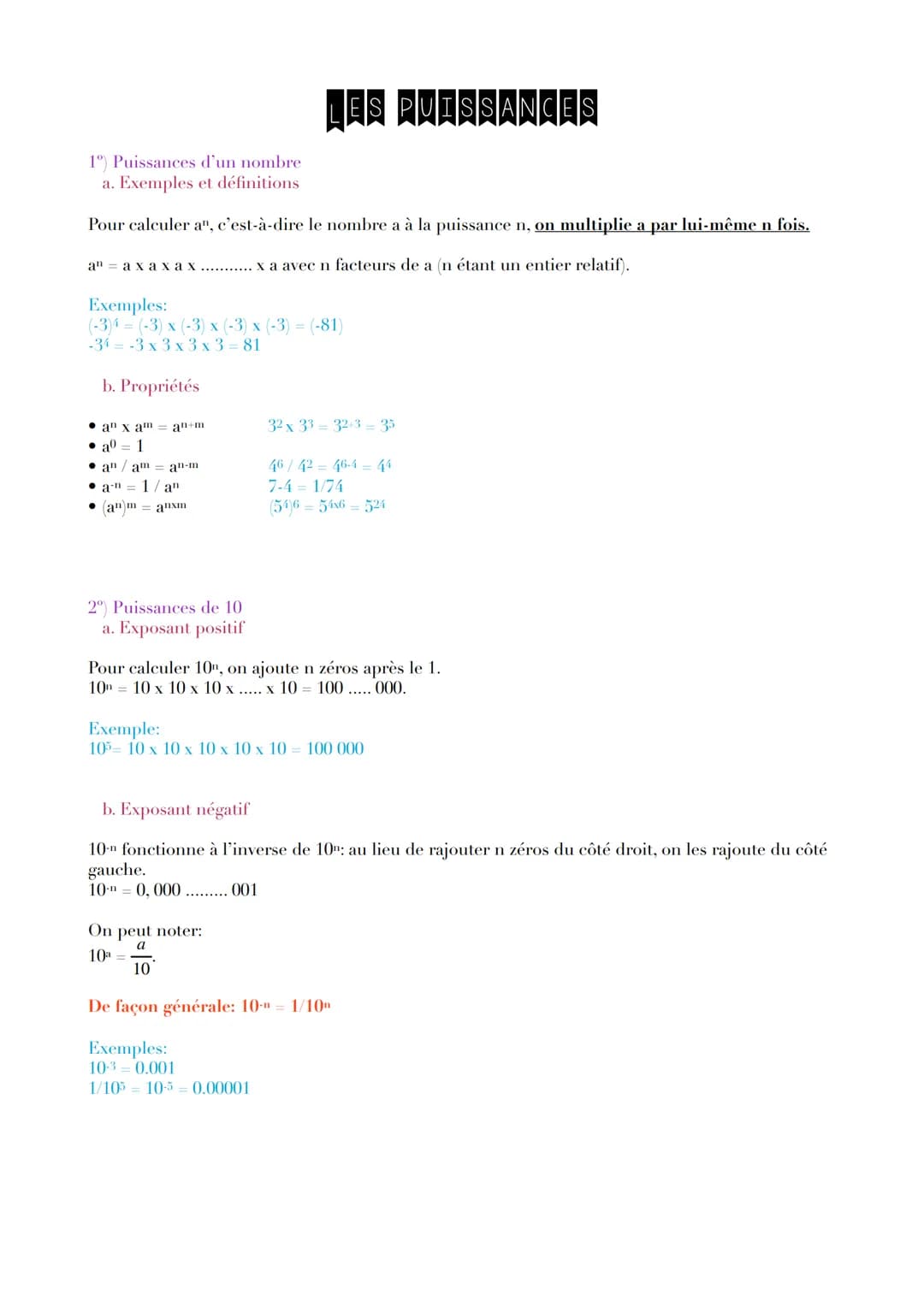 1°) Puissances d'un nombre
a. Exemples et définitions
Pour calculer a", c'est-à-dire le nombre a à la puissance n, on multiplie a par lui-mê