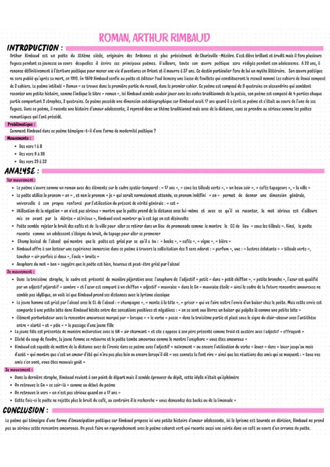 Analyse linéaire "Roman", Arthur Rimbaud 