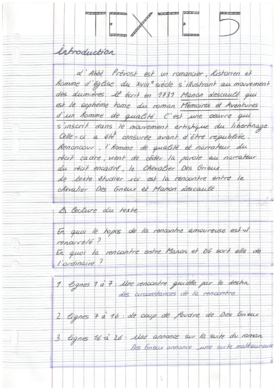 TEXTE 5
introduction
d'Abbé Prévost est un romancier, Ristorien et
homme d'église du XVIIIe siècle s'illustrant au mouvement
des dumières il