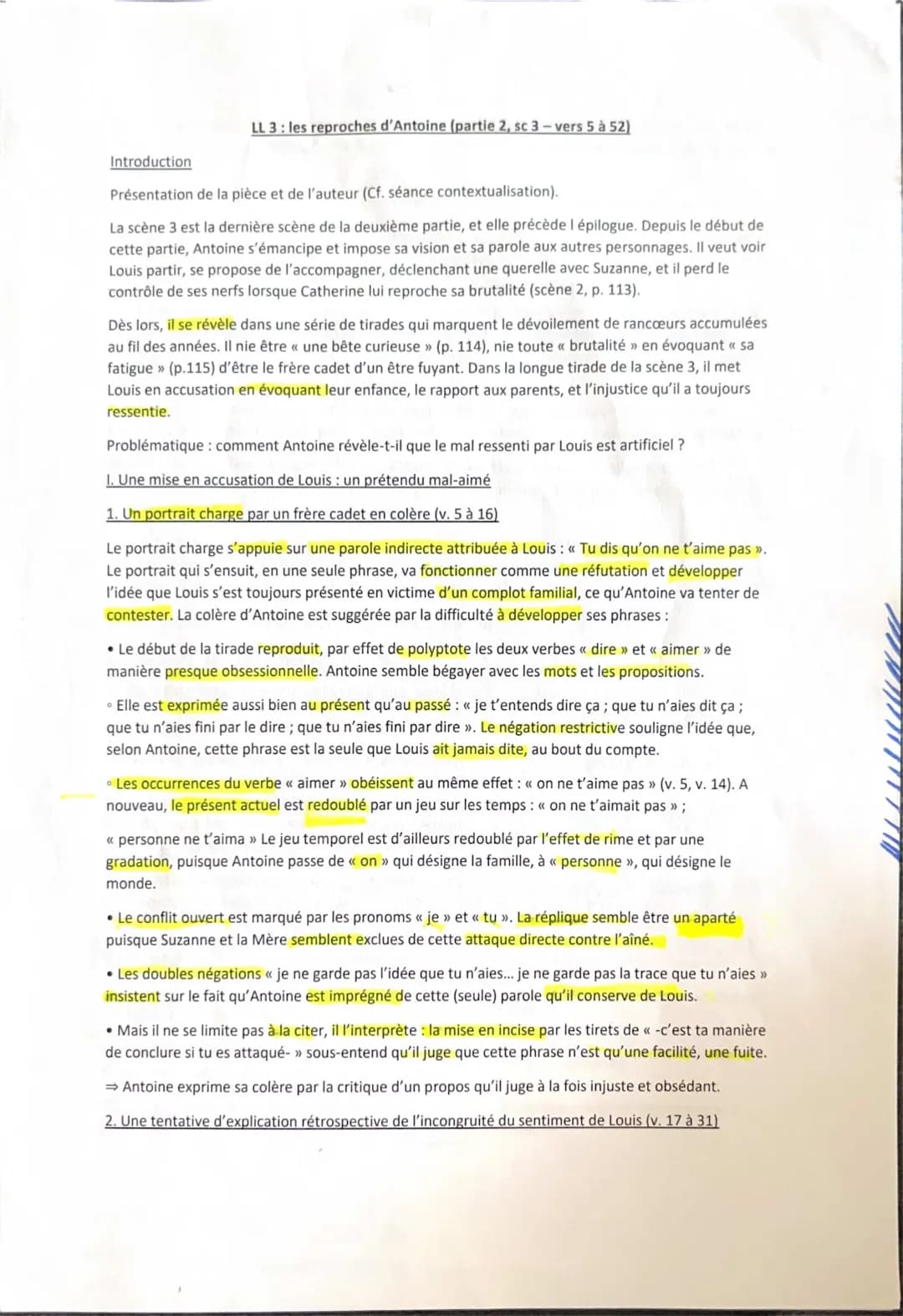 Juste la fin du monde Partie 2 Scène 3 Analyse Linéaire PDF