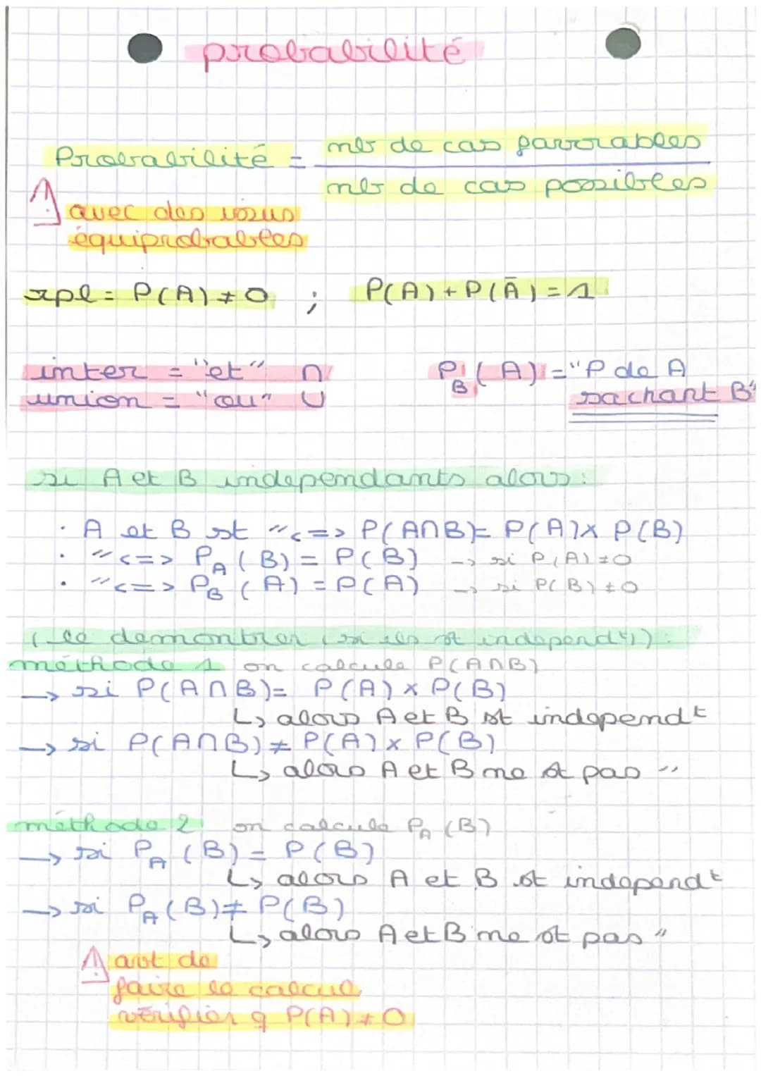● probal
probabilité
abilité
Probabilité =
A Quec des vous
équiprobables
apl= P(A) +0;
inter = "et"
union
"au"
methode 2
si P
OD
mb de cas f