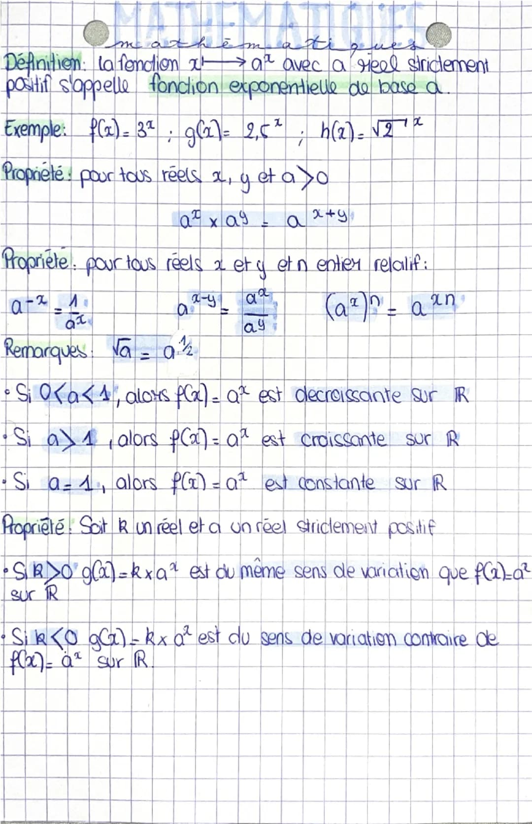 mathem
ques
Définition: la fonction x a² avec a reel strictement
→
positif s'appelle fonction exponentielle de base a
Exemple: f(x) = 32; g(
