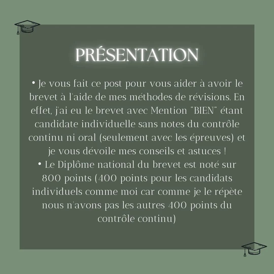 Conseils
BREVET
Epreuves ecrites
Sucesswithaliyah PRÉSENTATION
• Je vous fait ce post pour vous aider à avoir le
brevet à l'aide de mes méth