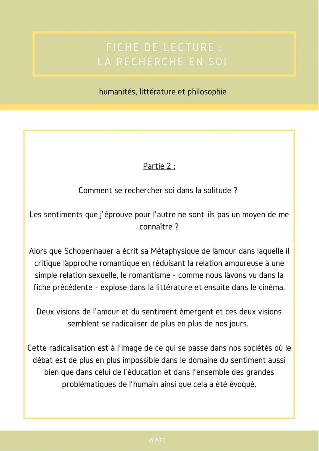 FICHE DE LECTURE :
LA RECHERCHE EN SOI
humanités, littérature et philosophie
Partie 3:
La révolution de l'amour s'est produite par le truche