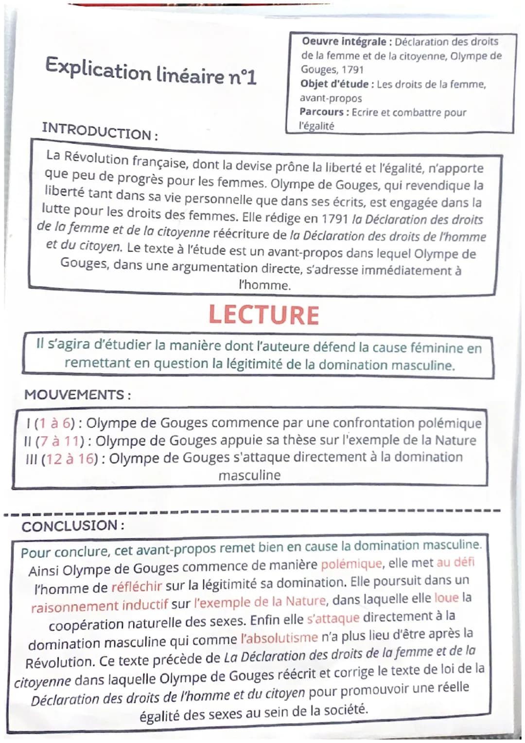 Explication linéaire n°1
Oeuvre intégrale : Déclaration des droits
de la femme et de la citoyenne, Olympe de
Gouges, 1791
Objet d'étude : Le
