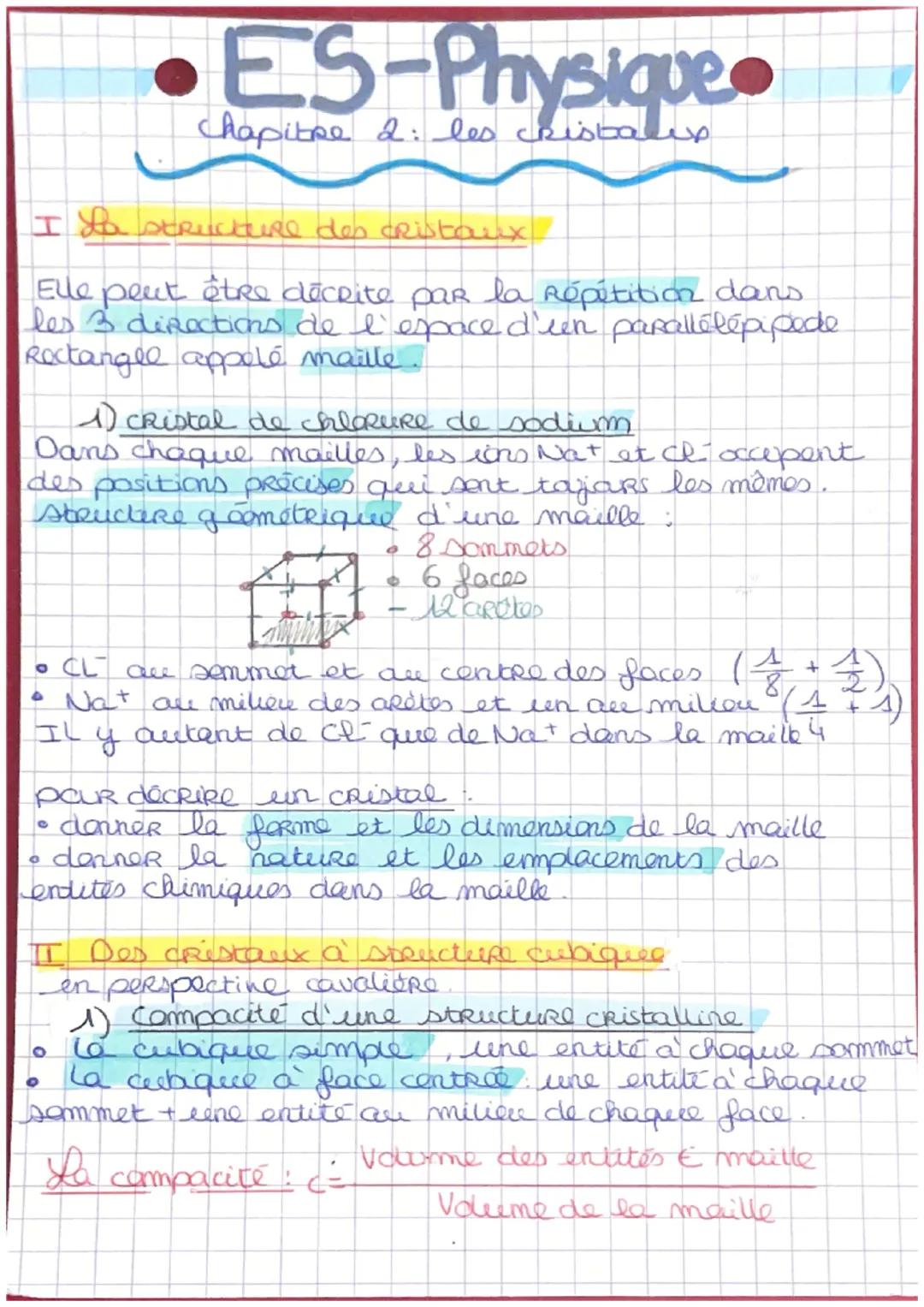 ES-Physique.
chapitre 2: les cristales
I La structure des cristaux
Elle peut être décrite par la Répétition dans
les 3 directions de l'espac