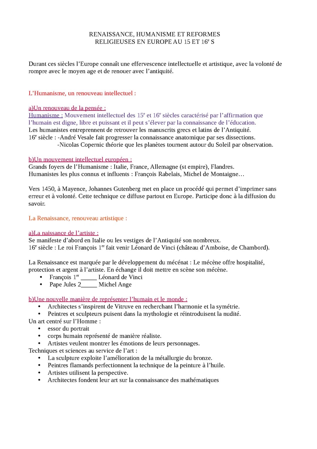 La renaissance l'humanisme et les réformes religieuses en Europe au 15e et 16e siecle.