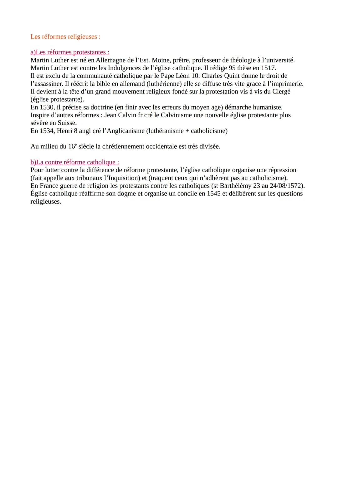 RENAISSANCE, HUMANISME ET REFORMES
RELIGIEUSES EN EUROPE AU 15 ET 16° S
Durant ces siècles l'Europe connaît une effervescence intellectuelle