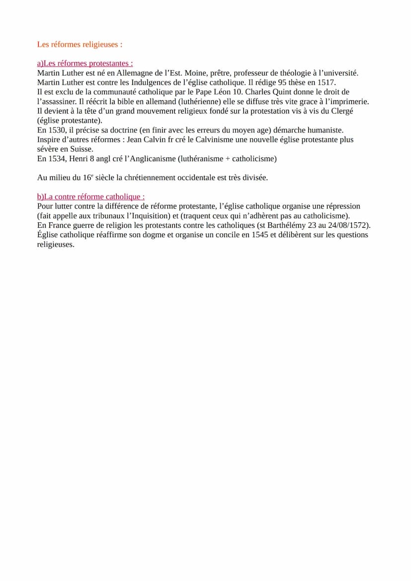 RENAISSANCE, HUMANISME ET REFORMES
RELIGIEUSES EN EUROPE AU 15 ET 16° S
Durant ces siècles l'Europe connaît une effervescence intellectuelle