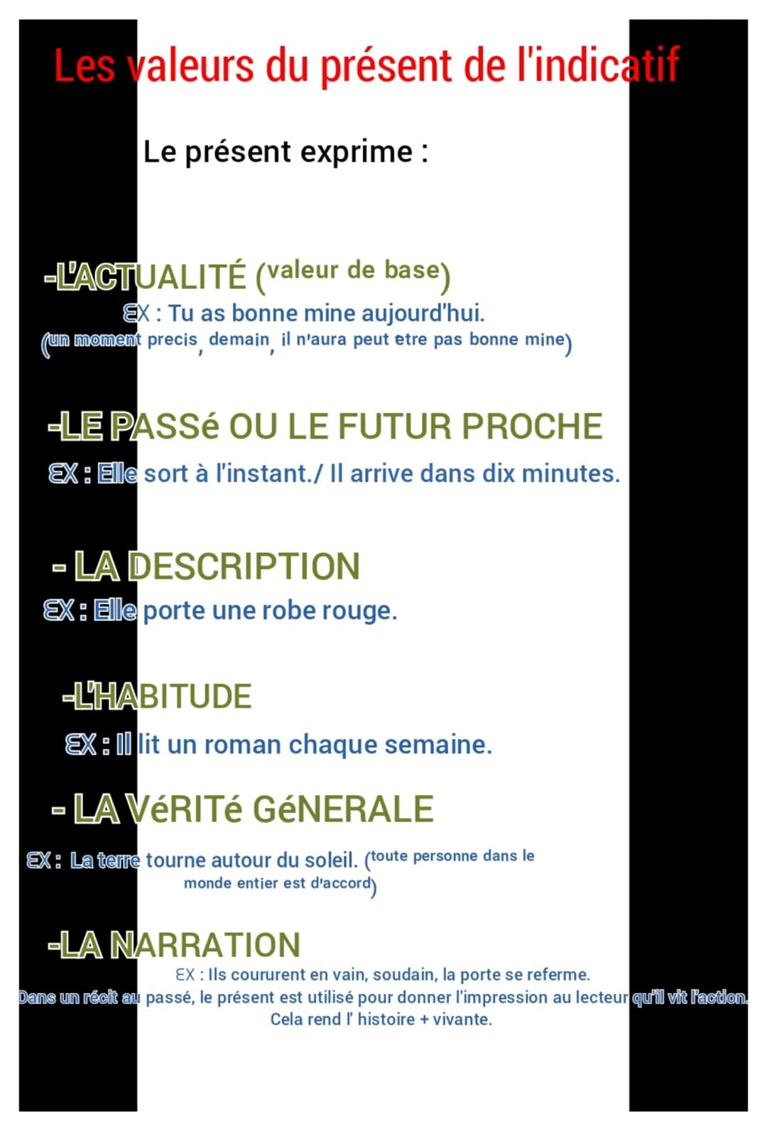 Les valeurs du présent de l'indicatif
Le présent exprime :
-L'ACTUALITÉ (valeur de base)
EX: Tu as bonne mine aujourd'hui.
(un moment precis