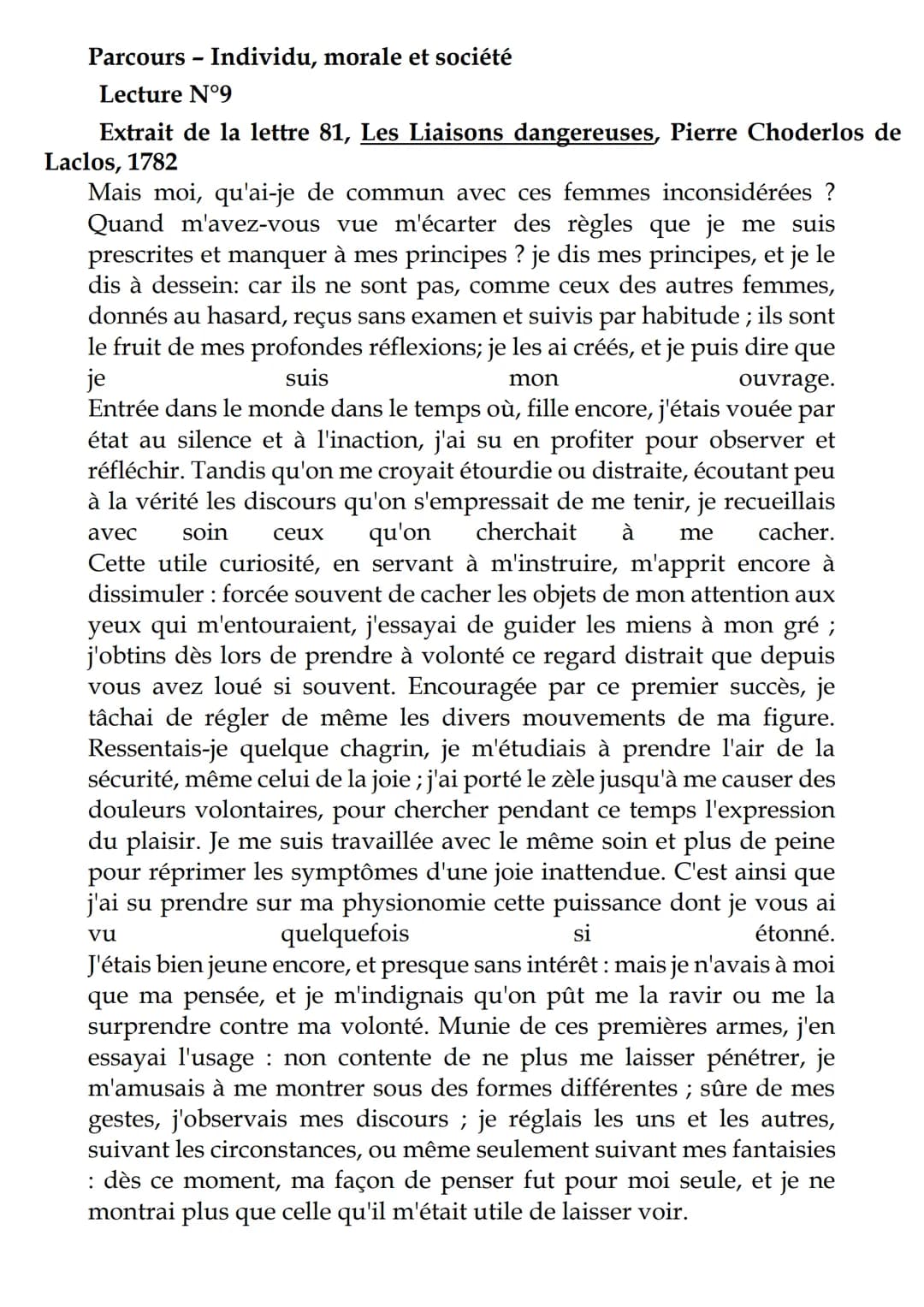 Parcours - Individu, morale et société
Lecture N°9
Extrait de la lettre 81, Les Liaisons dangereuses, Pierre Choderlos de
Laclos, 1782
Mais 