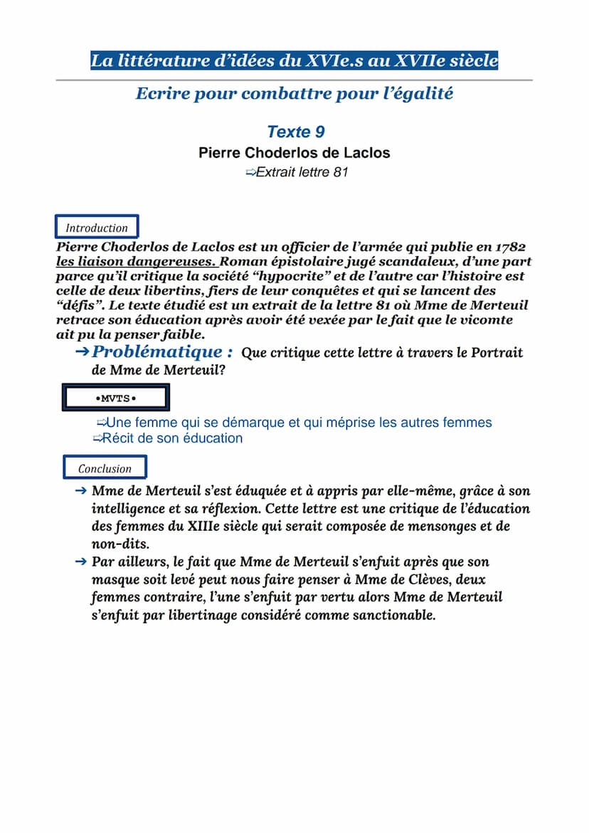 Parcours - Individu, morale et société
Lecture N°9
Extrait de la lettre 81, Les Liaisons dangereuses, Pierre Choderlos de
Laclos, 1782
Mais 