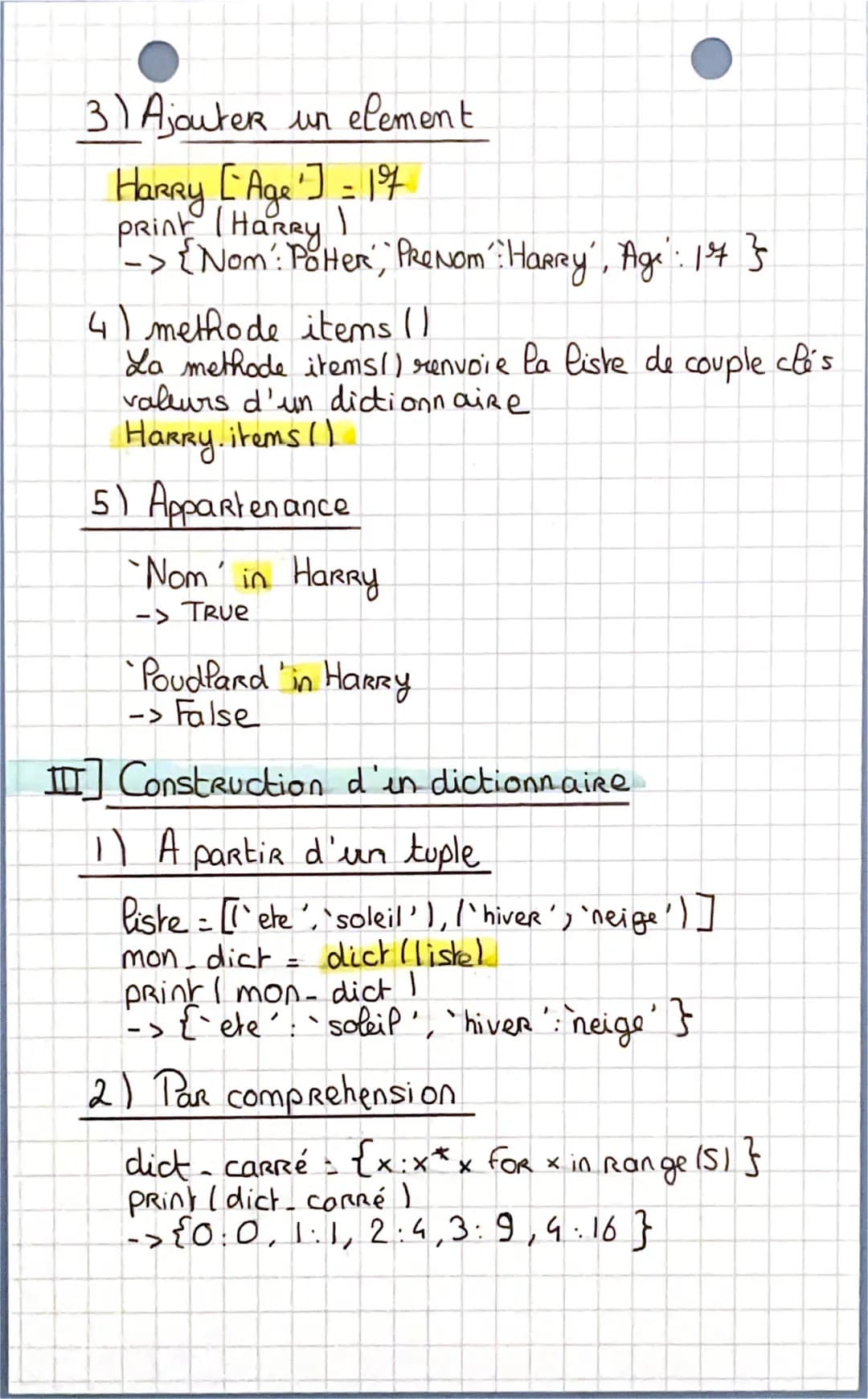 NSI
les dictionnaires
I] Definition
che
volere
cle
vallour
syntaxe: Harry = {"Nom ": "Potter", "Prenom", "Harry"}
type: dic
pour creeR un di
