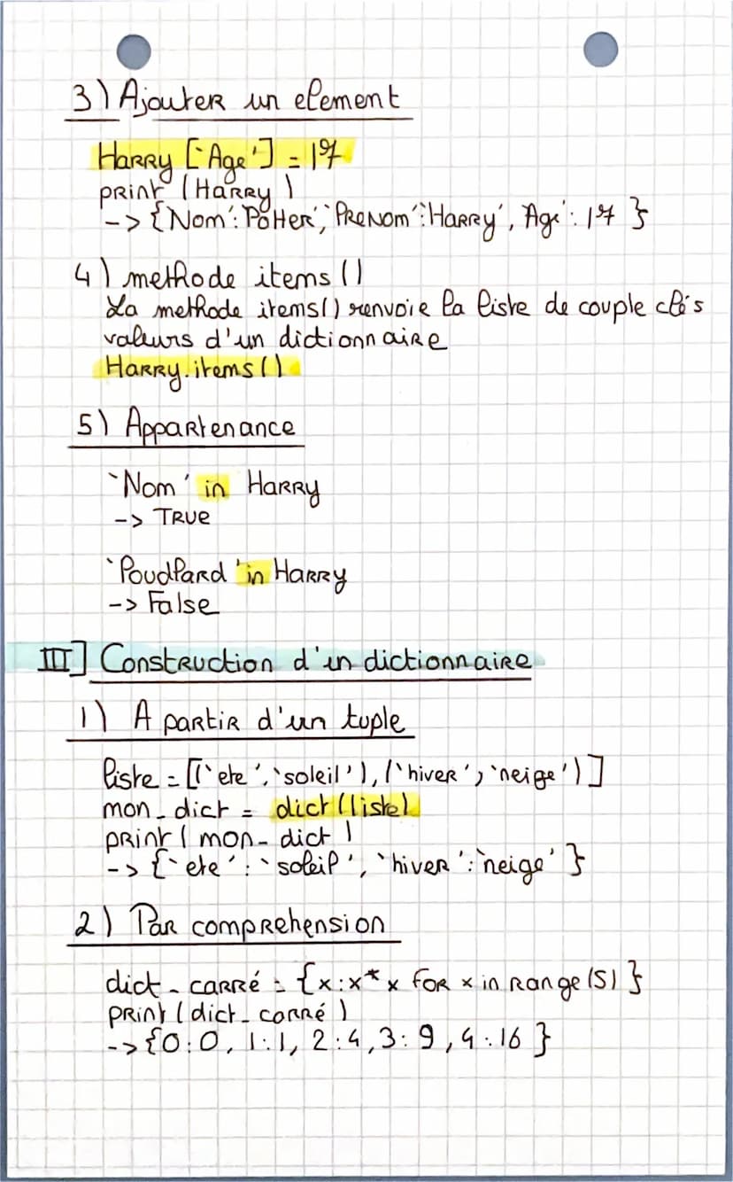 NSI
les dictionnaires
I] Definition
che
volere
cle
vallour
syntaxe: Harry = {"Nom ": "Potter", "Prenom", "Harry"}
type: dic
pour creeR un di