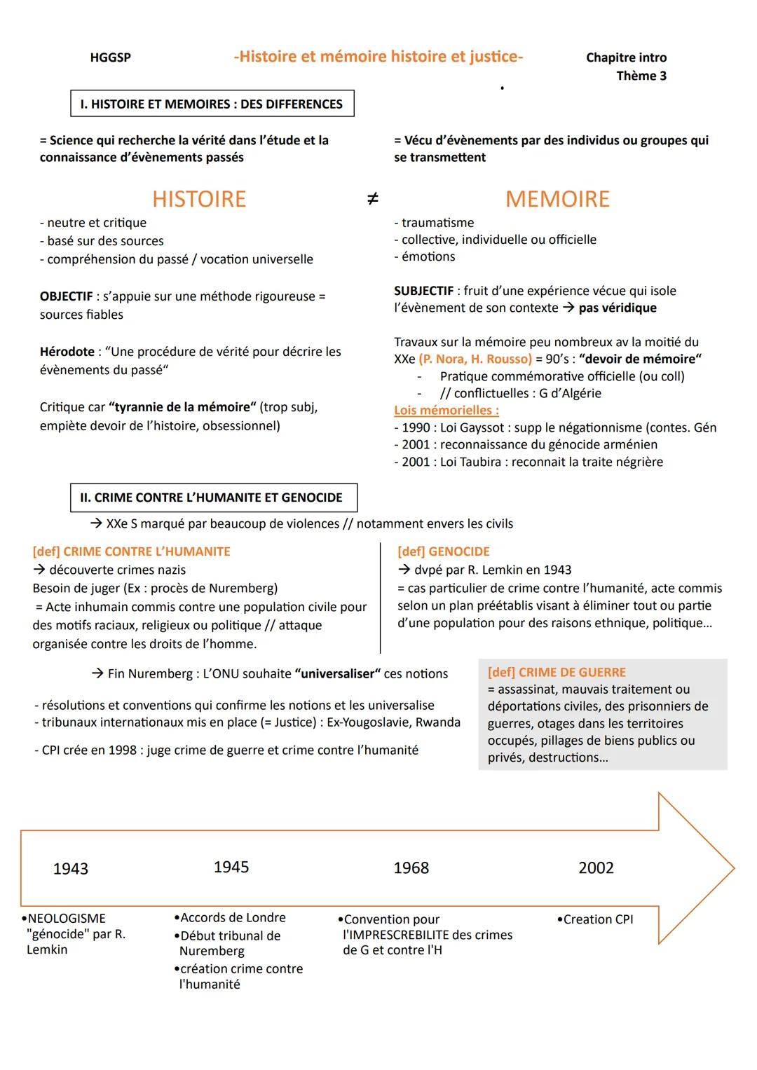 HGGSP
-Histoire et mémoire histoire et justice-
Chapitre intro
Thème 3
I. HISTOIRE ET MEMOIRES: DES DIFFERENCES
= Science qui recherche la v
