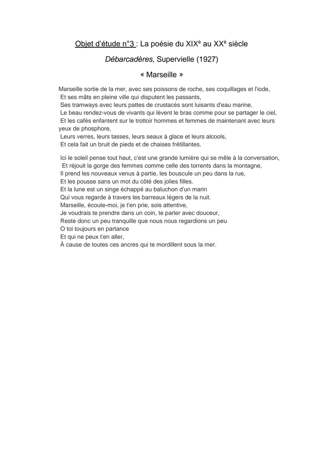 Objet d'étude n°3 : La poésie du XIXè au XXè siècle
Débarcadères, Supervielle (1927)
<< Marseille »
Marseille sortie de la mer, avec ses poi